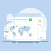 The concept of online weather forecast. Weather with sun, clouds, wind, thunderstorms, rain. Meteorology that studies and researches weather and climate conditions on earth. Meteorology science. vector