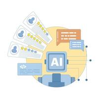 using AI to analyze feedback. analyzing customer reviews to improve product quality development. giving five-star reviews. using artificial intelligence for customer satisfaction. flat style design. vector