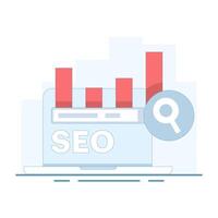 SEO optimization concept. Website SEO keyword optimization, Most popular searches. Trending topics. Website SEO, Top bar chart with search bar. Flat cartoon design illustration on background. vector