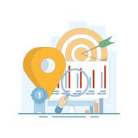 Store locator concept. Find profitable locations, strategic investments and ROI insights. Online information search. Device screen with local pin location and target. Flat style illustration vector