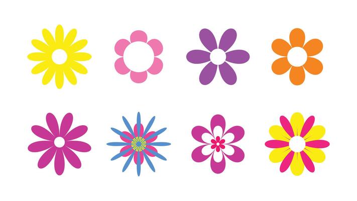 Collection of Flat Colorful Flower Icons in Various Petal Shapes for Spring or Decorative Design
