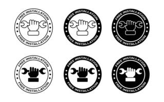 Free installation with hand and spanner icon set. repair service icons. Install, upgrade, fix, Free installation logo, label, badge, stamp, symbol, emblem, line, illustration. vector