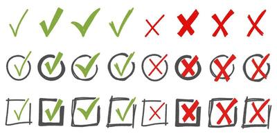 Brush, marker drawn green check mark and red cross circle and square icon set. Collection of hand drawn doodle tick symbol, chalk approval and cancel marks vector