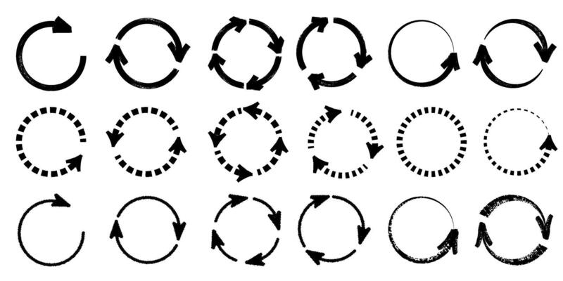 Brush, marker drawn circle arrow icon set. Collection of hand drawn doodle circular arrow icon, refresh, reload, arrows rotating