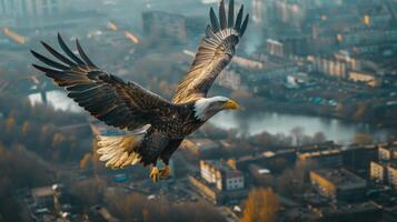 aerial photo. in the foreground is a bald eagle over big city photo