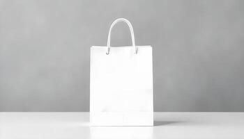 A pristine white shopping bag, ready for branding, isolated on a simple white surface. photo