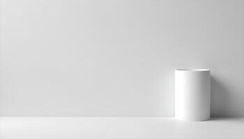 A white cylinder stands on a reflective surface in a minimalist studio setting with a clean background. photo