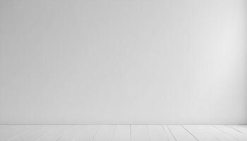 A bright, minimalistic scene features a white wall and wooden floor in a clean space. photo