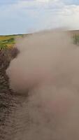 Car Kicking Up Dust on Dirt Road, White car speeds along a dirt road, creating a large cloud of dust surrounded by cornfields and sunlit countryside video