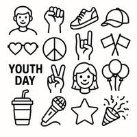 Black Line Minimalist Youth Day Element Icon Set on Isolated White vector
