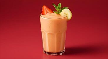 A vibrant smoothie garnished with strawberry, banana, and mint, presented in a tall glass. photo