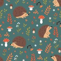 Seamless pattern with cute hedgehogs in autumn forest. graphics. vector