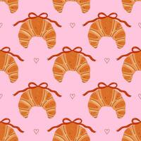 Seamless pattern with croissants, bows and hearts on a pink background. graphics. vector