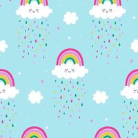 Seamless pattern with cute clouds, rainbows and rain. graphics. vector