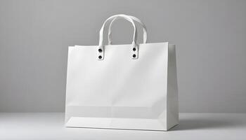A pristine white shopping bag stands on a reflective surface, perfect for product presentations. photo