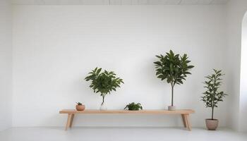 A modern, minimalist interior space with a wooden bench and lush green plants set against white walls. photo