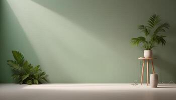 An indoor setting with lush greenery, ambient light, and a soft green backdrop, minimalist. photo