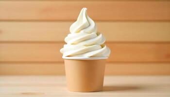 A delightful swirl of vanilla soft-serve ice cream in a simple paper cup, ready to eat. photo