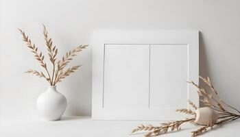 A simple white frame stands next to a vase with dried flowers, creating a serene scene. photo