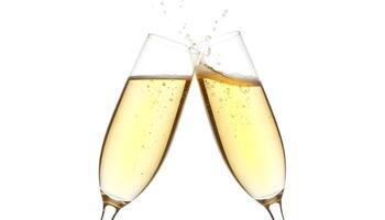 Two champagne flutes clink in celebration, creating a splash of bubbly effervescence, isolated on white. photo
