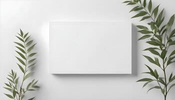 An empty white canvas with green leafy branches, perfect for showcasing creative designs and art. photo