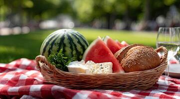 A basket of food on a table with a glass of wine photo