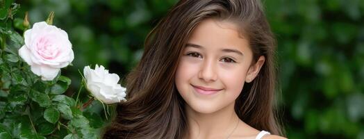 A young girl with long brown hair and a white dress photo