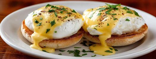 Two eggs benedicts on a white plate photo