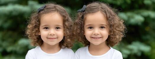 Two little girls with curly hair are smiling photo