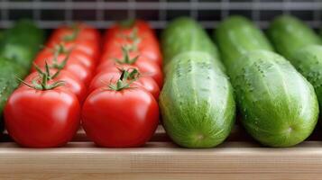 Tomatoes and cucumbers are on a shelf photo