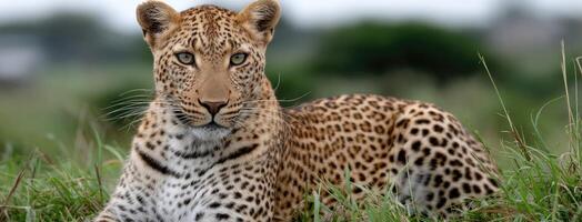 A leopard is sitting in the grass photo