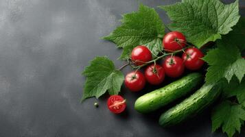 Fresh tomatoes, cucumbers and leaves on a dark background photo