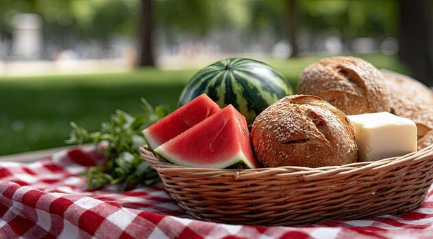 A basket of food on a table photo
