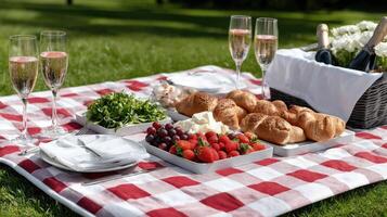 A picnic table with food and wine on it photo