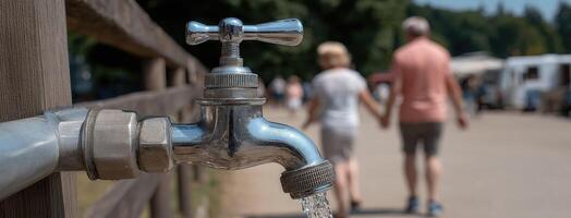 A man and woman walking down the street with a water faucet photo