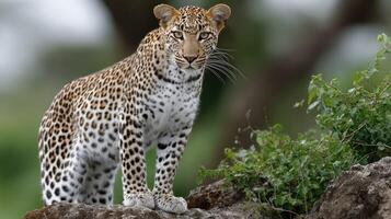 A leopard standing on top of a rock photo