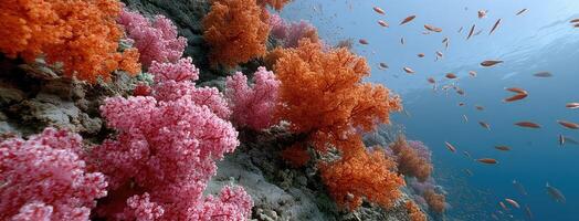 The coral reef is full of pink and orange coral photo