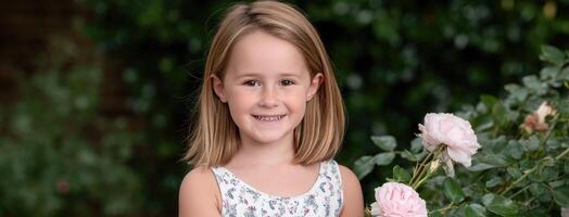 A little girl is smiling in front of some pink roses photo