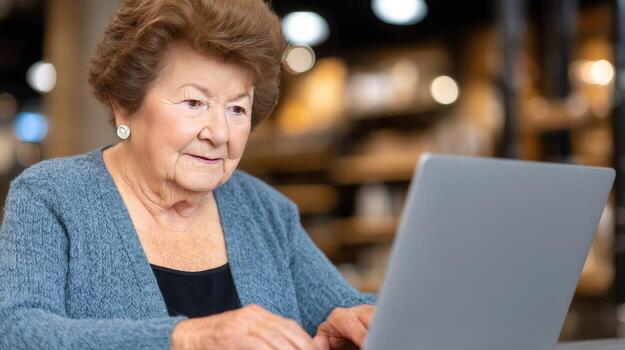 An older woman is using a laptop computer photo