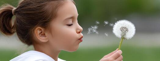 A young girl blowing on a dandelion photo