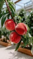 Peaches hanging from a tree in a greenhouse photo
