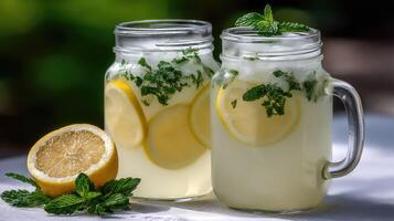 Two mason jars with lemonade and mint leaves photo