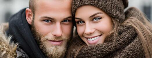 A man and woman are smiling and wearing warm clothes photo