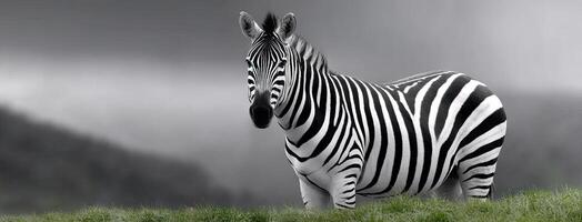 A zebra standing in the grass on a cloudy day photo