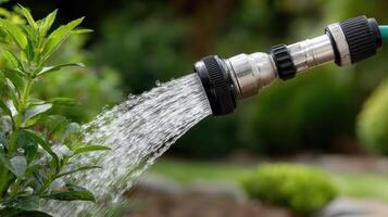 A hose is spraying water on a plant photo