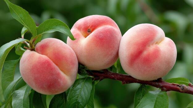 melocotón árbol con Tres maduro duraznos foto