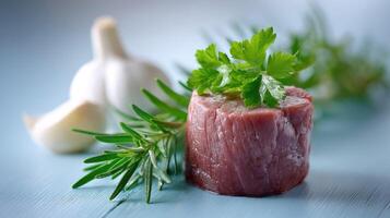 Raw beef steak with parsley and garlic on blue wooden table photo