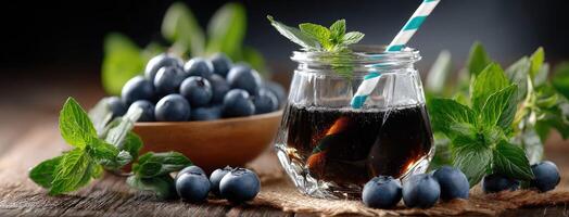 Blueberry juice in glass jar with straw and berries on wooden table photo