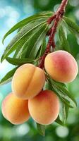A bunch of peaches hanging from a branch photo