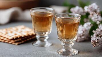 Two glasses of wine and a plate of crackers photo